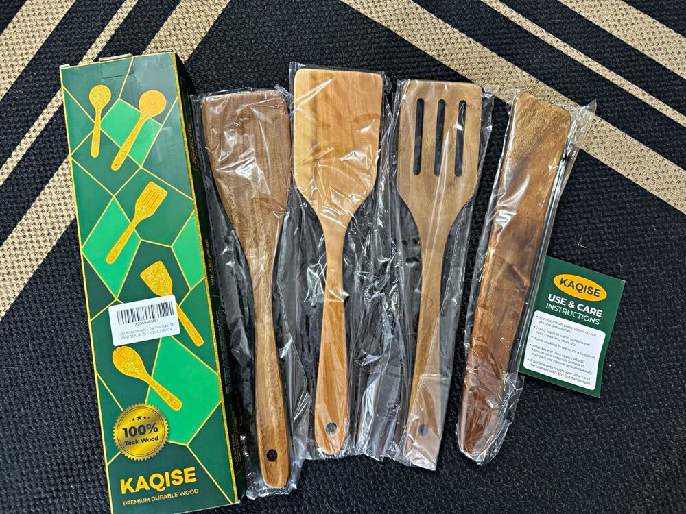KAQISE Teak Wood Spatula Set 4-Piece w/ Slotted Spatula Turner Brown
